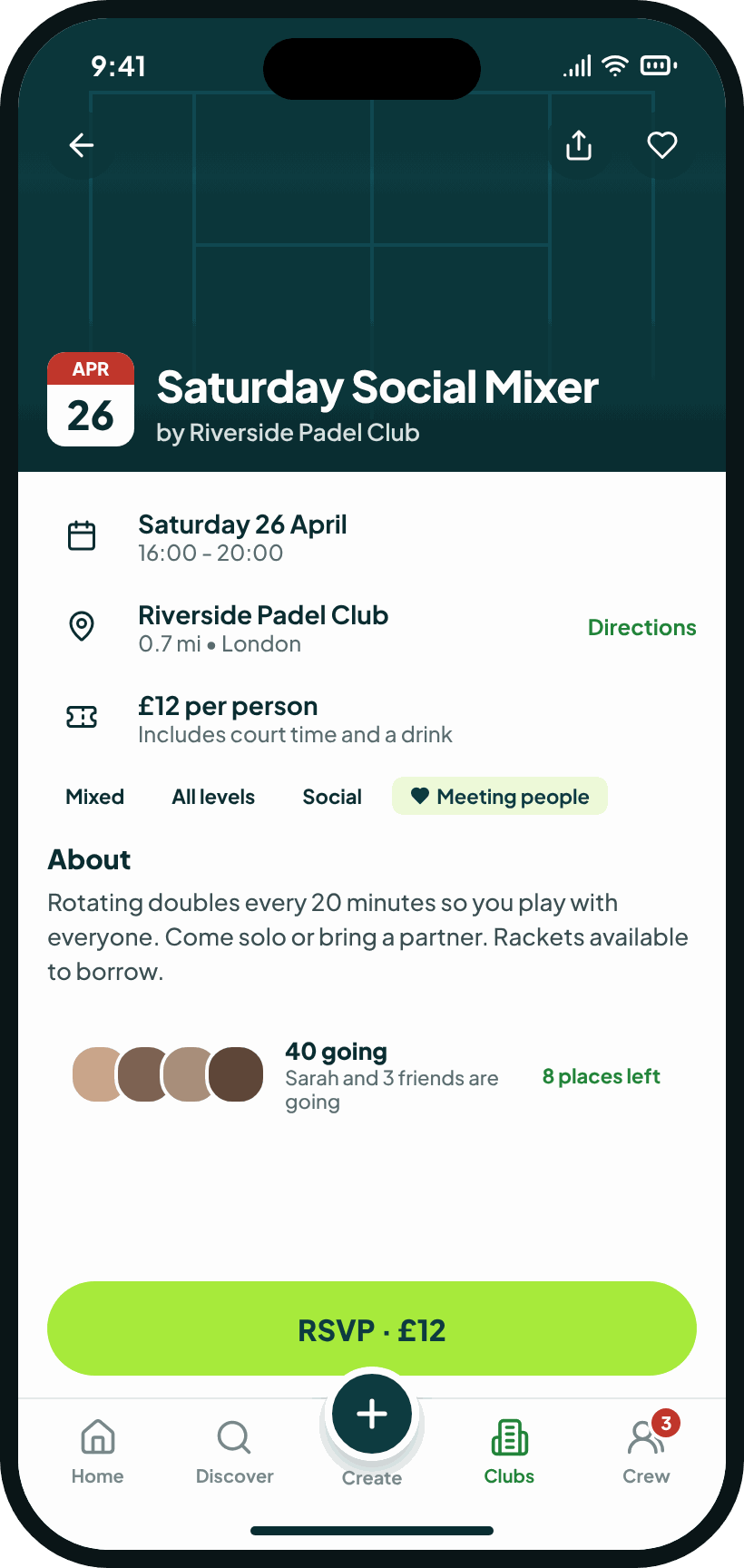 An event in GotGame: a Saturday social mixer tagged Meeting people, with RSVP