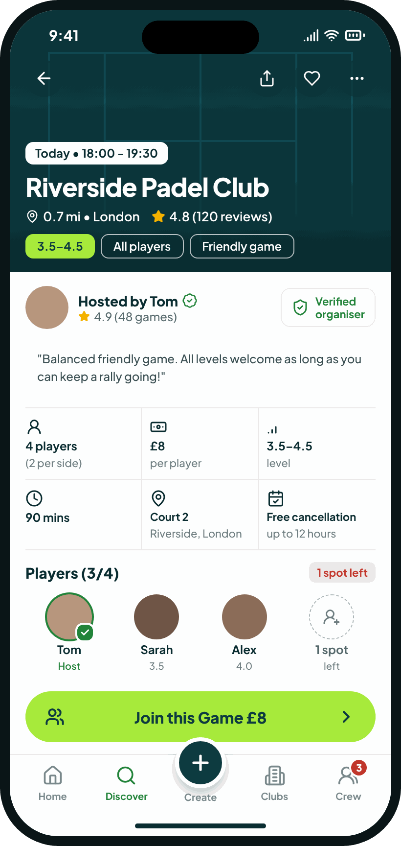 A game’s page in GotGame: when, where, the level, the price and who’s playing