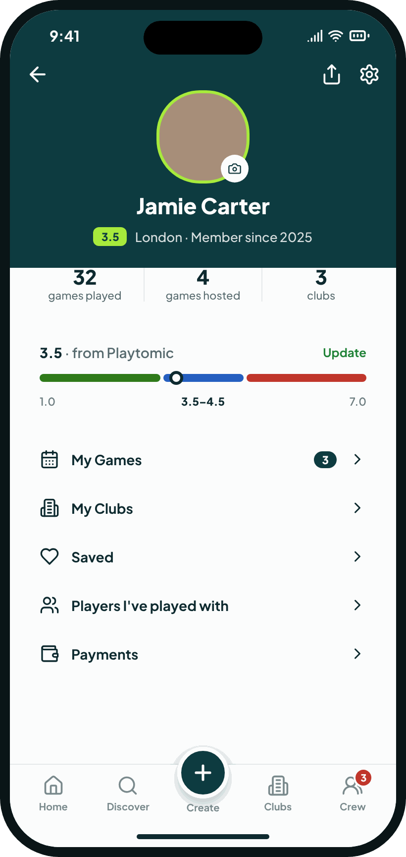 A player’s profile in GotGame: games played, and a level of 3.5 on the 1.0 to 7.0 bar